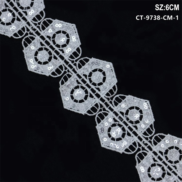 New embroidery pattern of flower sequin lace trim embroidery white lace trim for clothing decoration Guipure Lace Trim