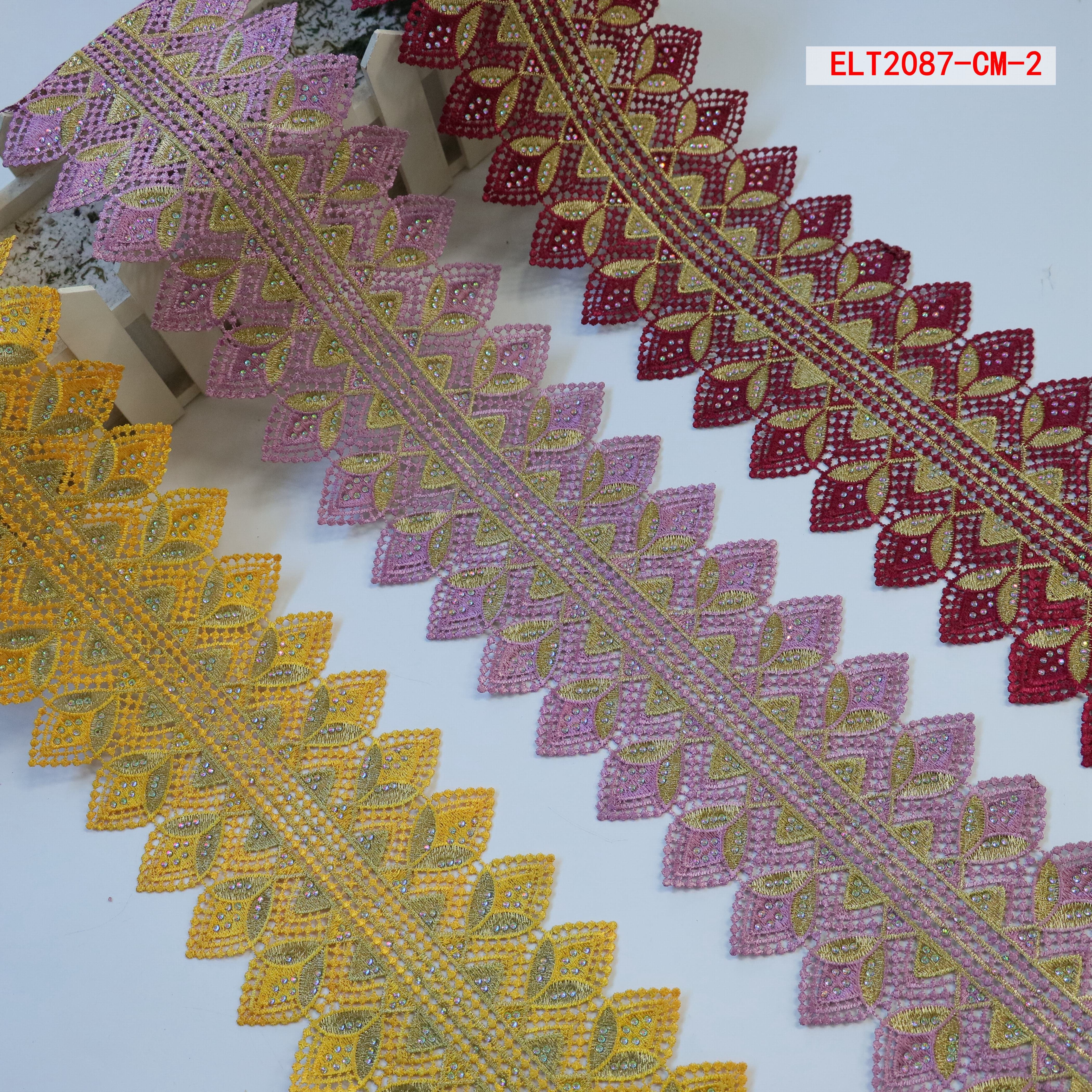 Ribete de encaje double side crystal rhinestone beaded embroidery border lace trim