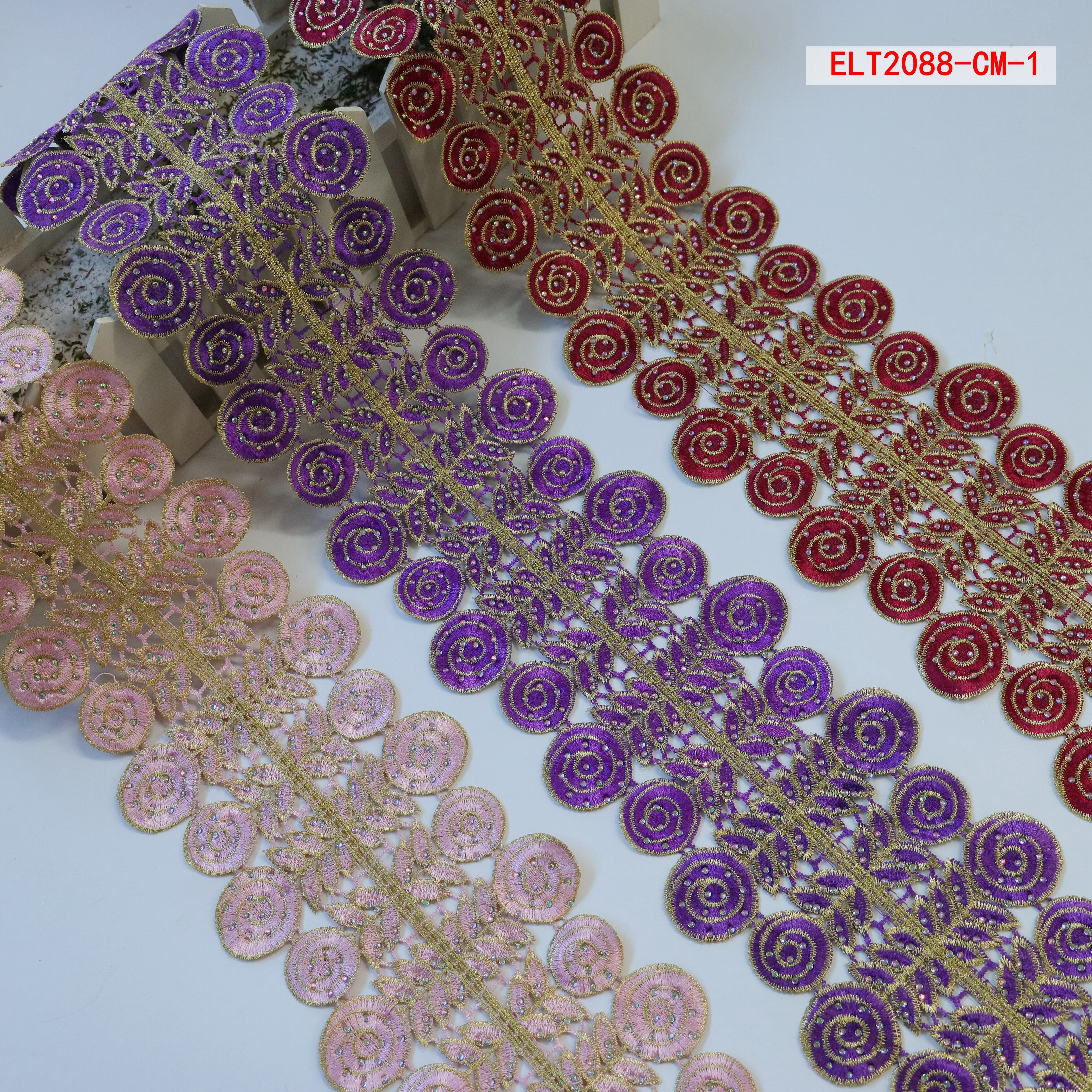 Ribete de encaje double side crystal rhinestone beaded embroidery border lace trim