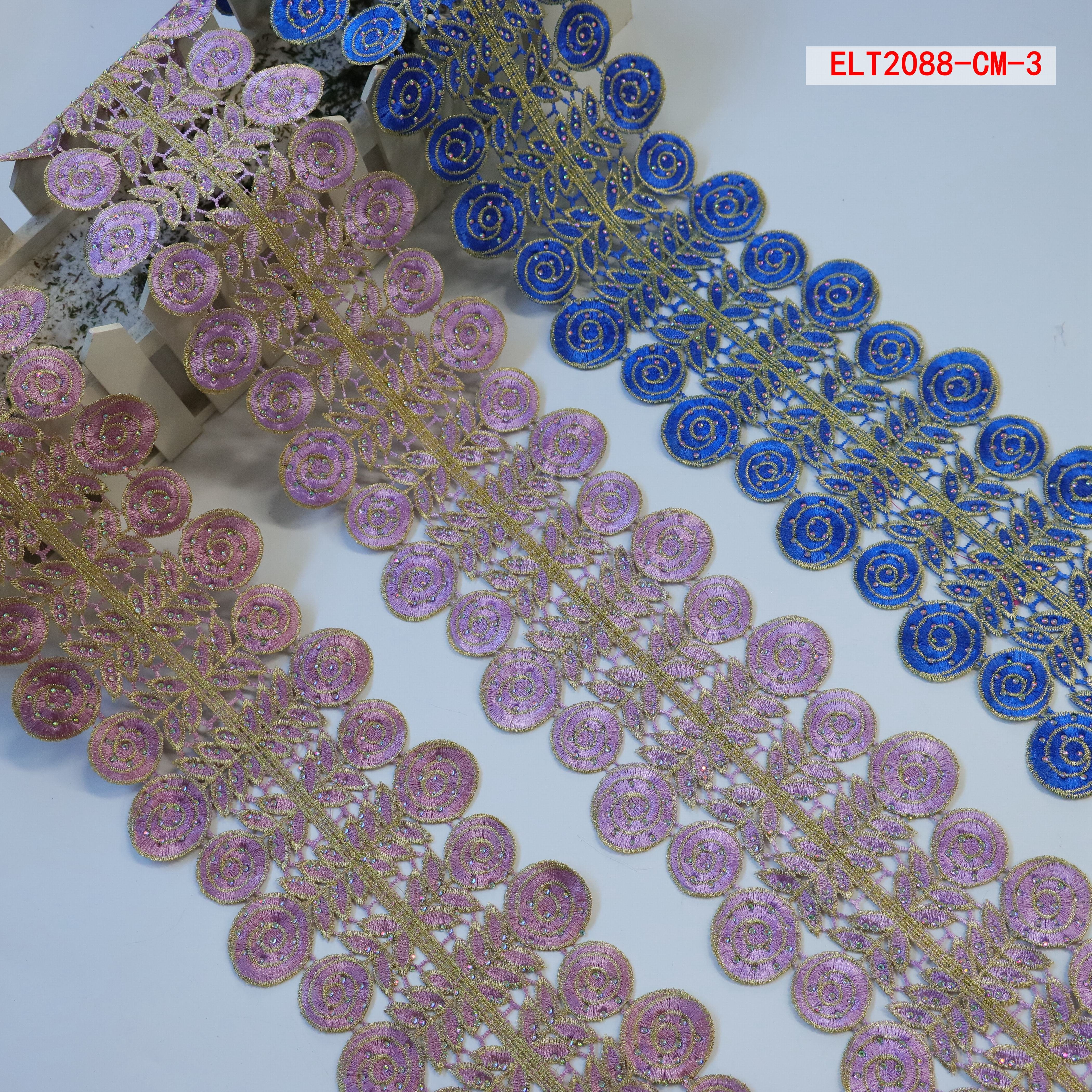 Ribete de encaje double side crystal rhinestone beaded embroidery border lace trim