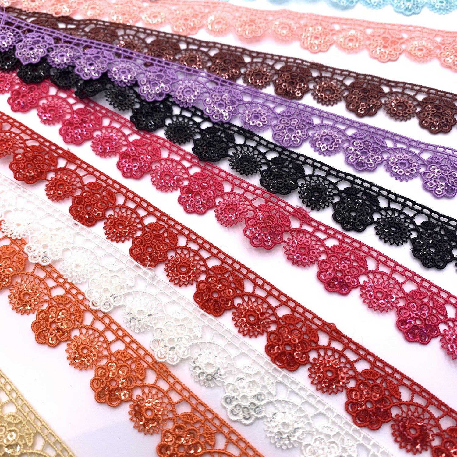 Factory New Design Custom Colors Lace Chemical Polyester Shiny Embroidery Sequence Gupure Lace Trim