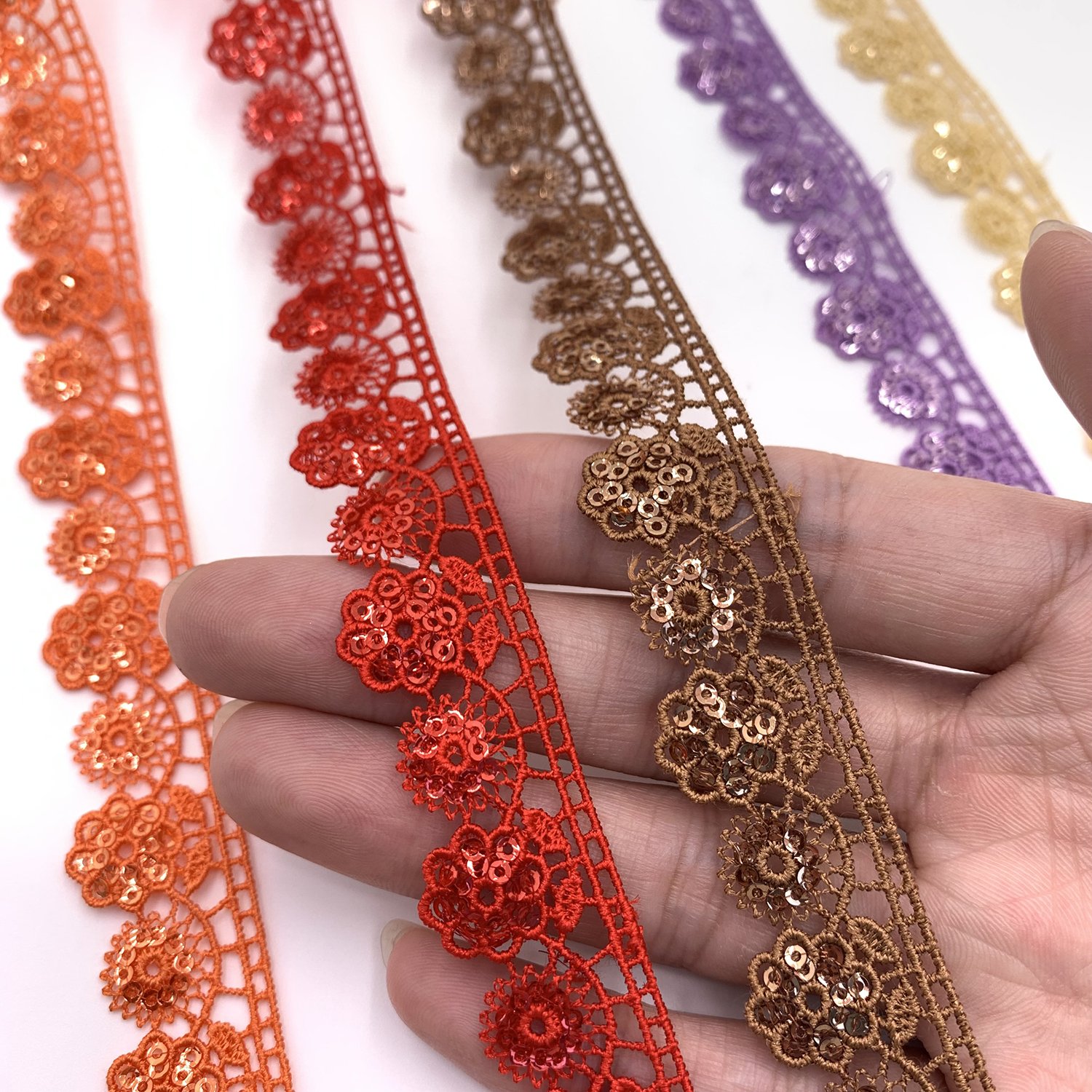 Factory New Design Custom Colors Lace Chemical Polyester Shiny Embroidery Sequence Gupure Lace Trim