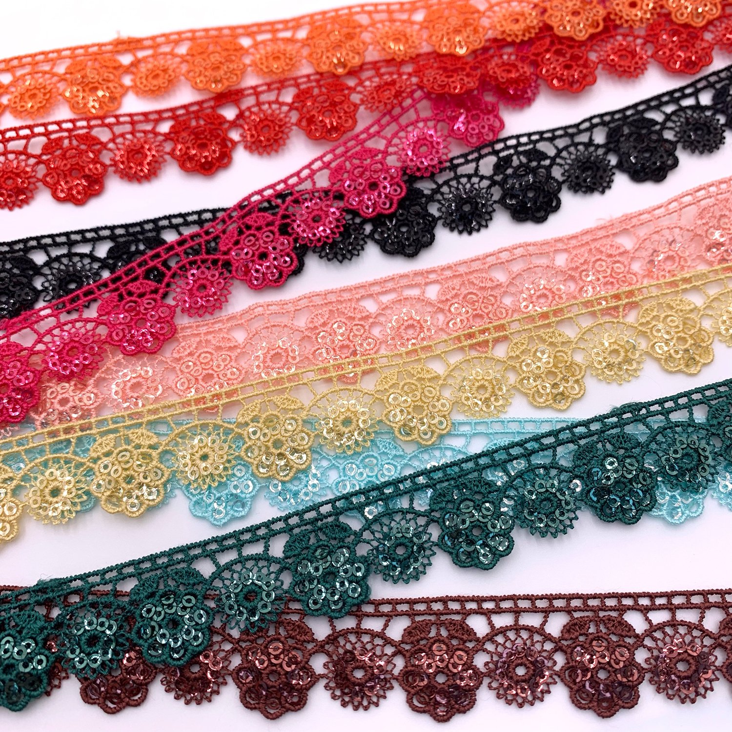 Factory New Design Custom Colors Lace Chemical Polyester Shiny Embroidery Sequence Gupure Lace Trim