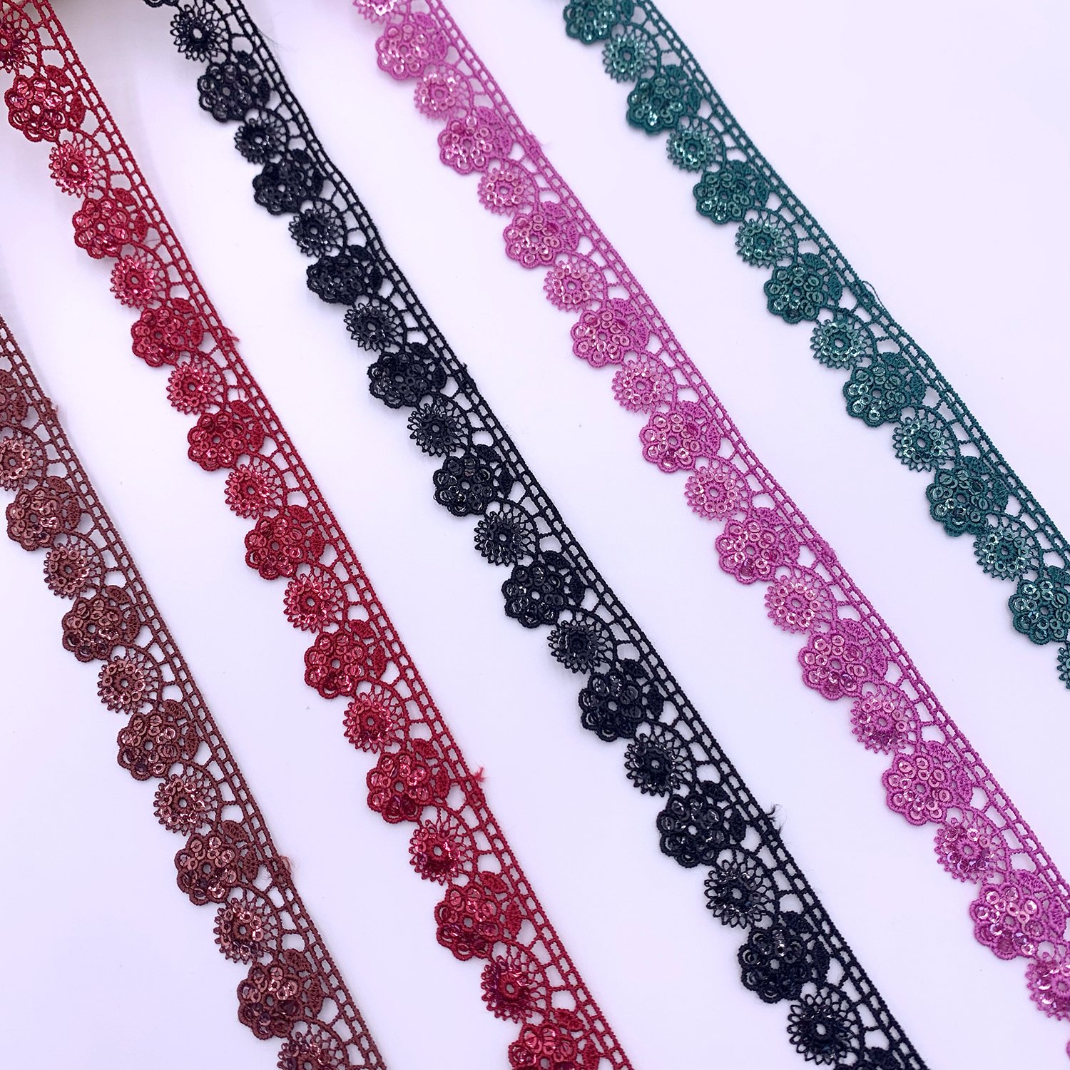 Factory New Design Custom Colors Lace Chemical Polyester Shiny Embroidery Sequence Gupure Lace Trim