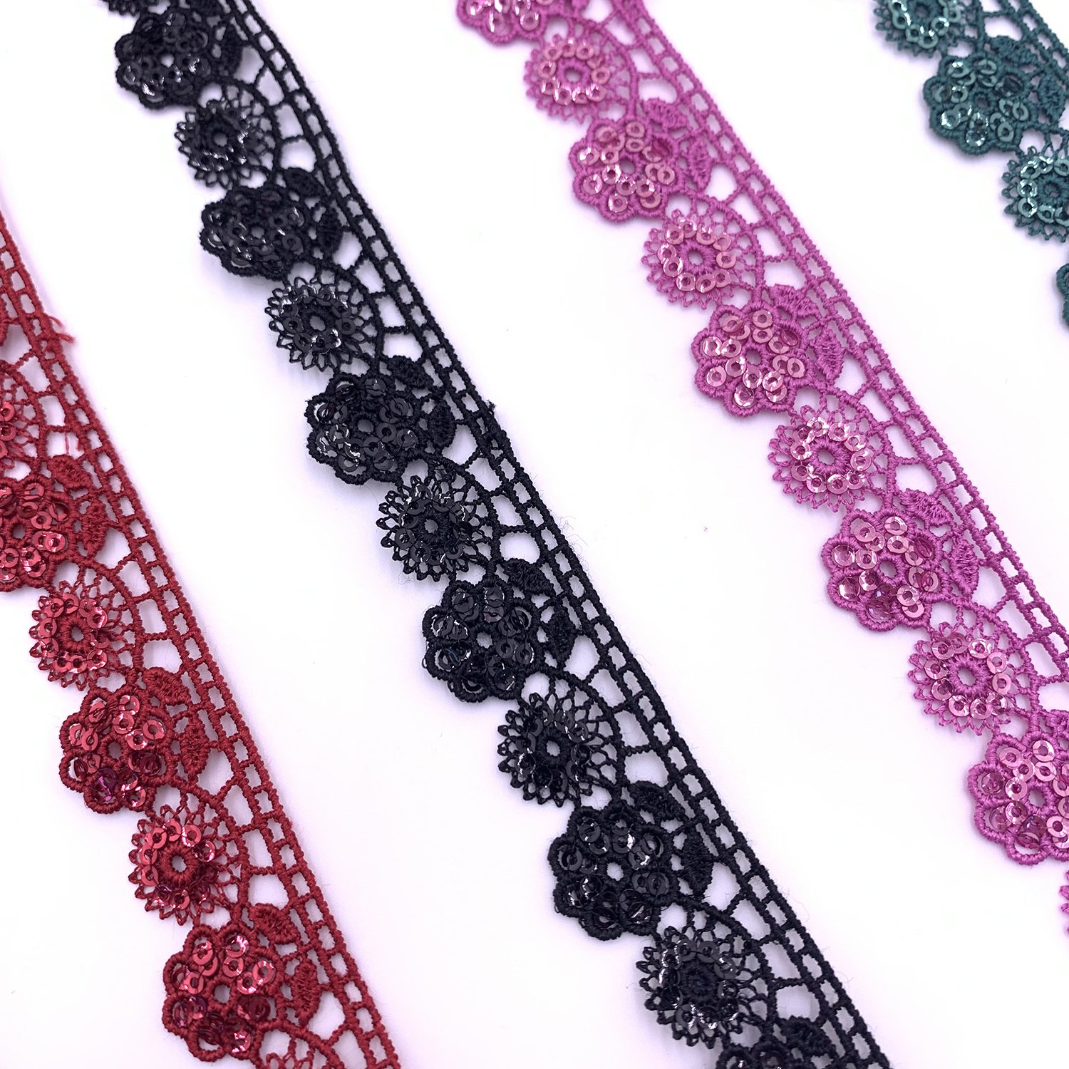 Factory New Design Custom Colors Lace Chemical Polyester Shiny Embroidery Sequence Gupure Lace Trim