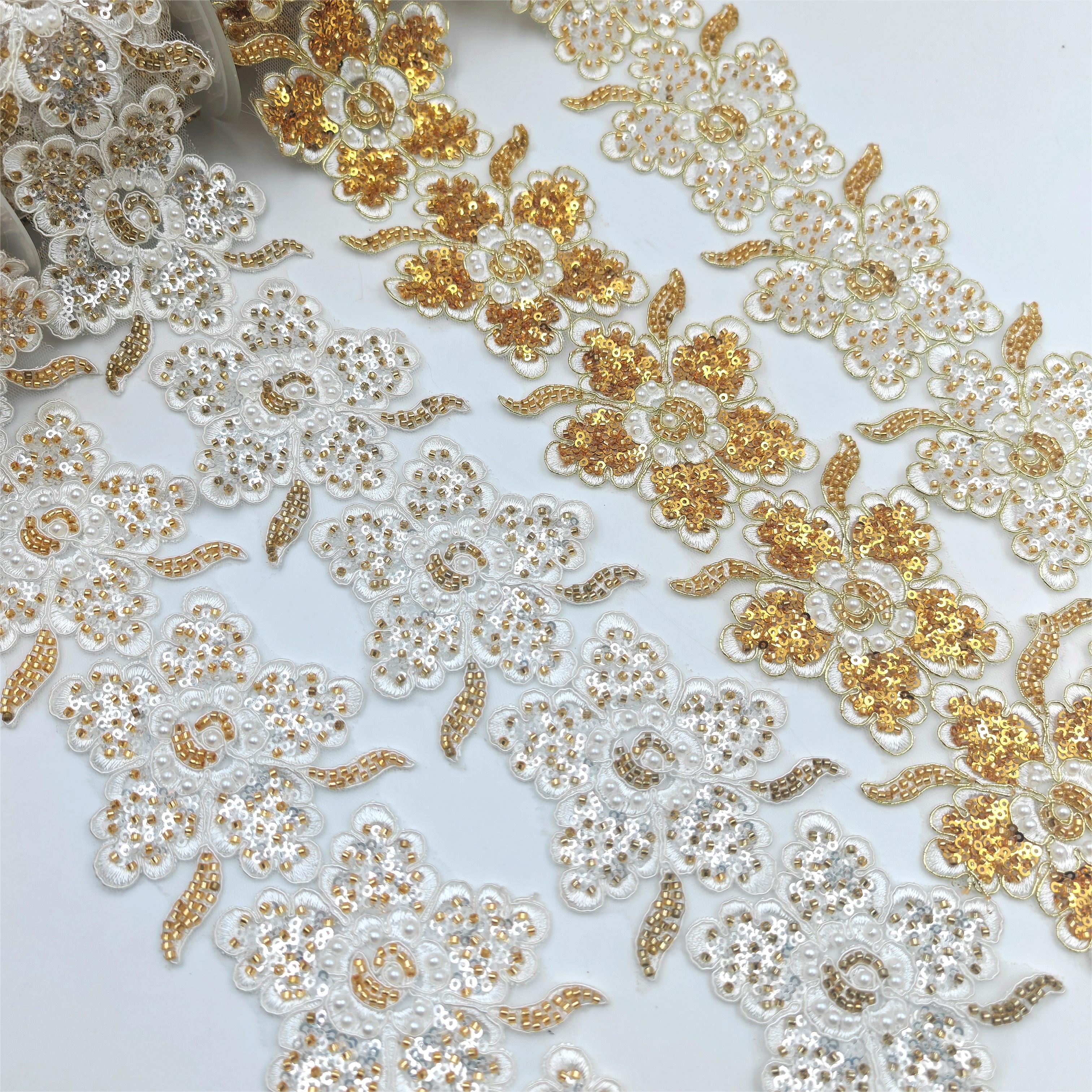 Sequins Bead Embroidery Lace sequin fabric wholesale Trim french tulle lace fabric for wedding evening dress