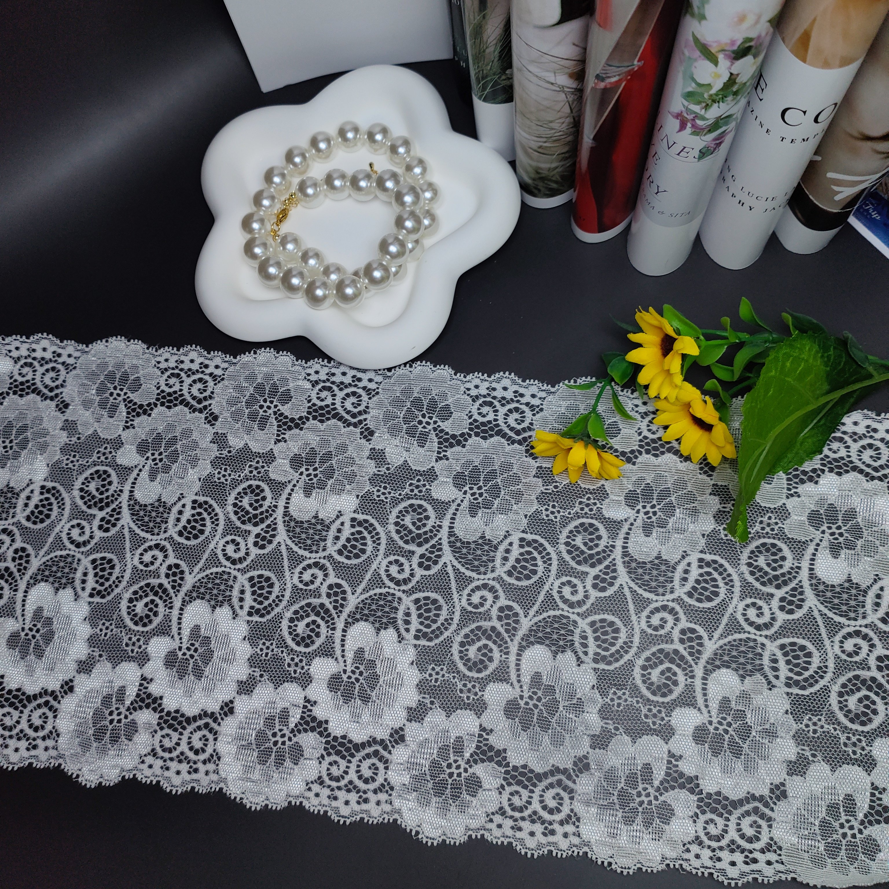 Hot Sale Bridal Stretch Tulle Border Lace Trimming Wide Knitted Nylon Elastic Lace Edge