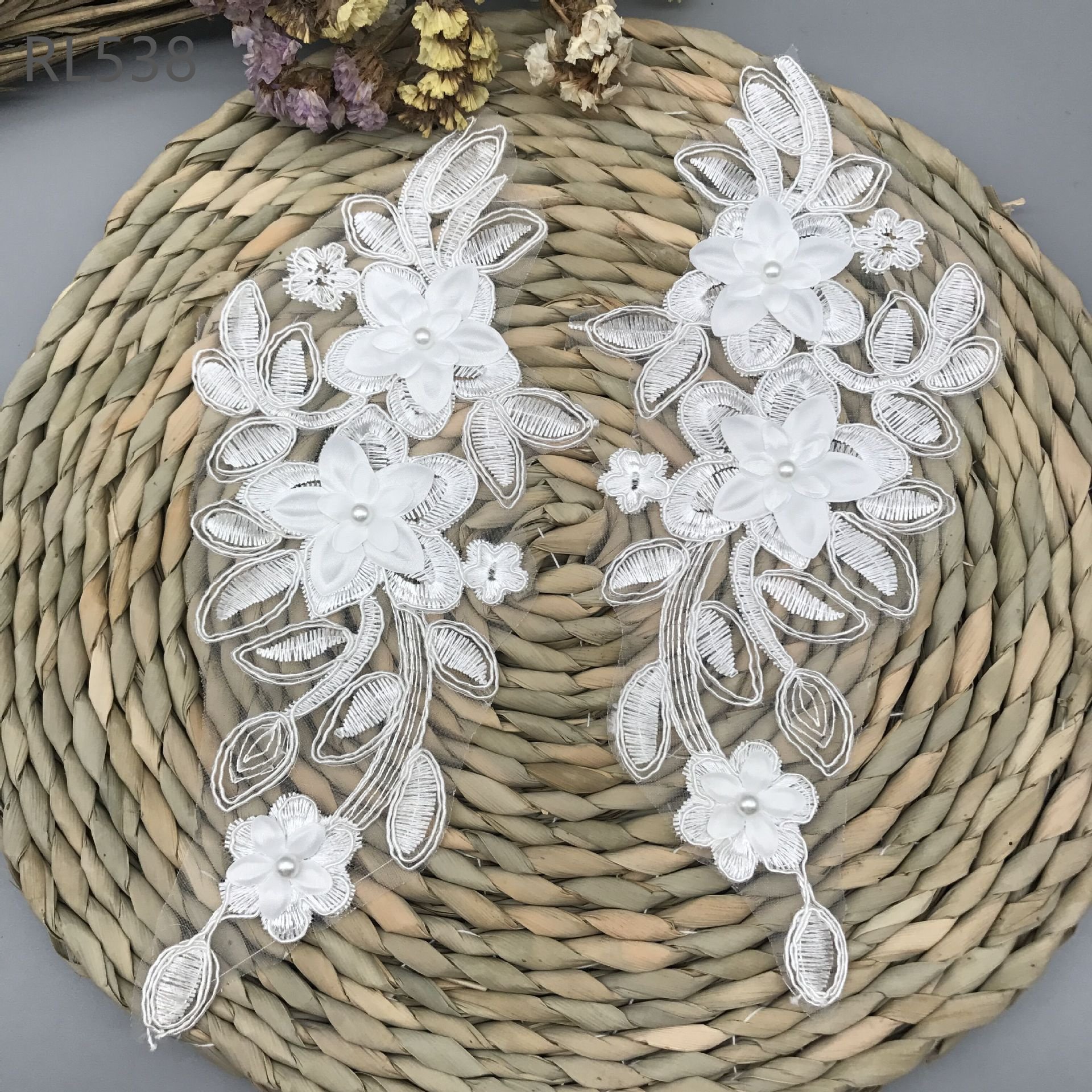 3D Flower Colorful Mesh Embroidered Pearl Beaded Lace Applique DIY Lace Fabric Trim