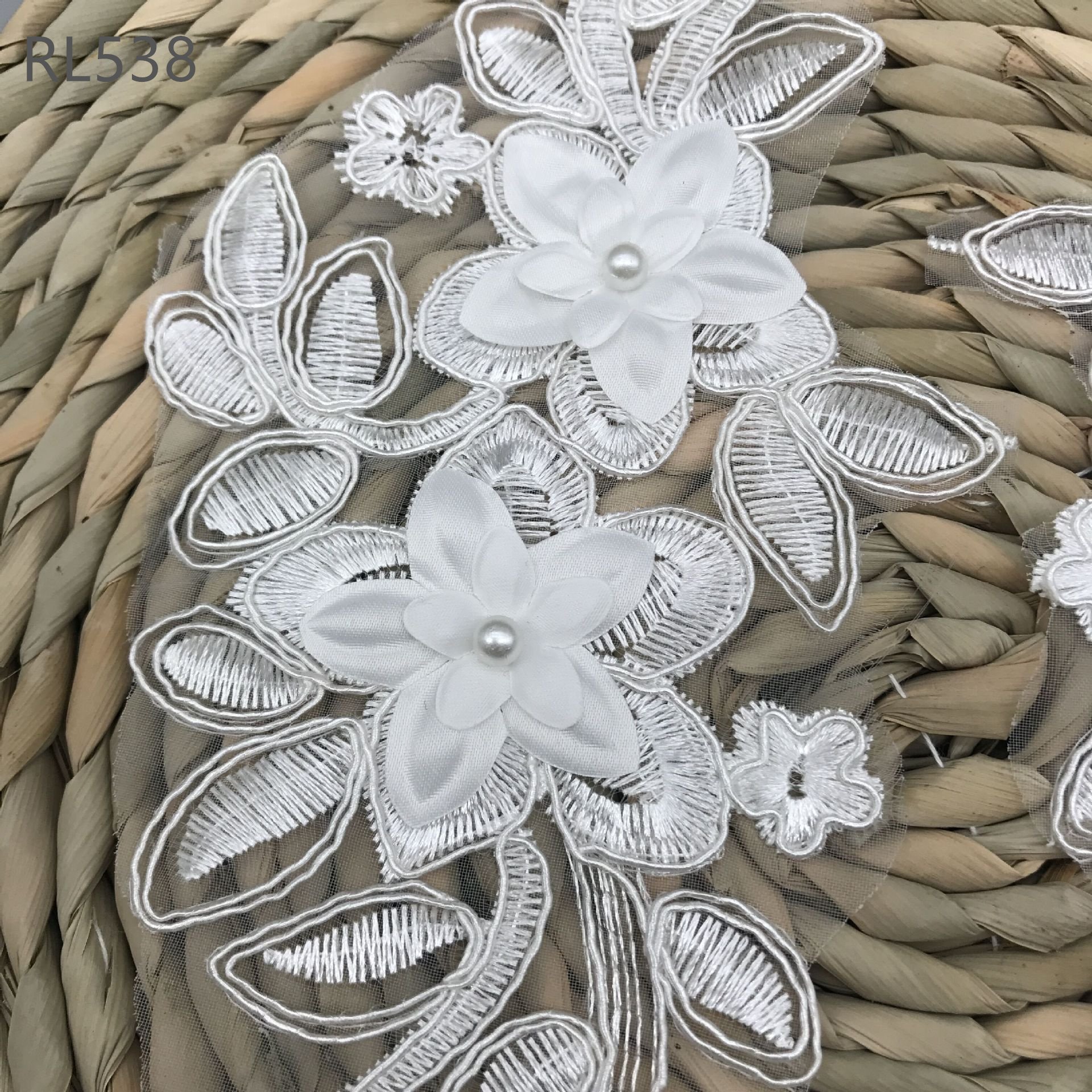 3D Flower Colorful Mesh Embroidered Pearl Beaded Lace Applique DIY Lace Fabric Trim