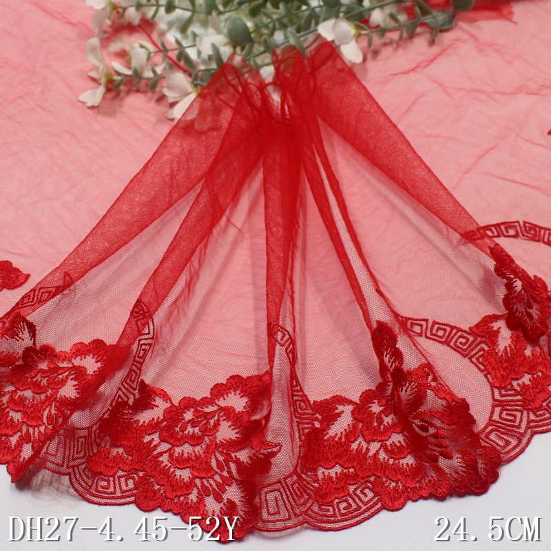 Lingerie Lace High Quality 24cm Embroidery Voile Lace Trim Fancy Red Flower Lace Fabric For Women underwear accessories