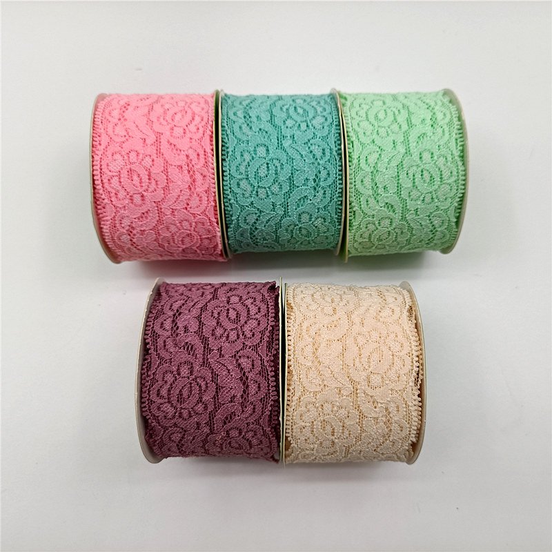 Factory Stock 5cm Pink Colorful Stretch Lace Trim Elastic Embroidery Lace Ribbon Trim For Garment Hair Accessories