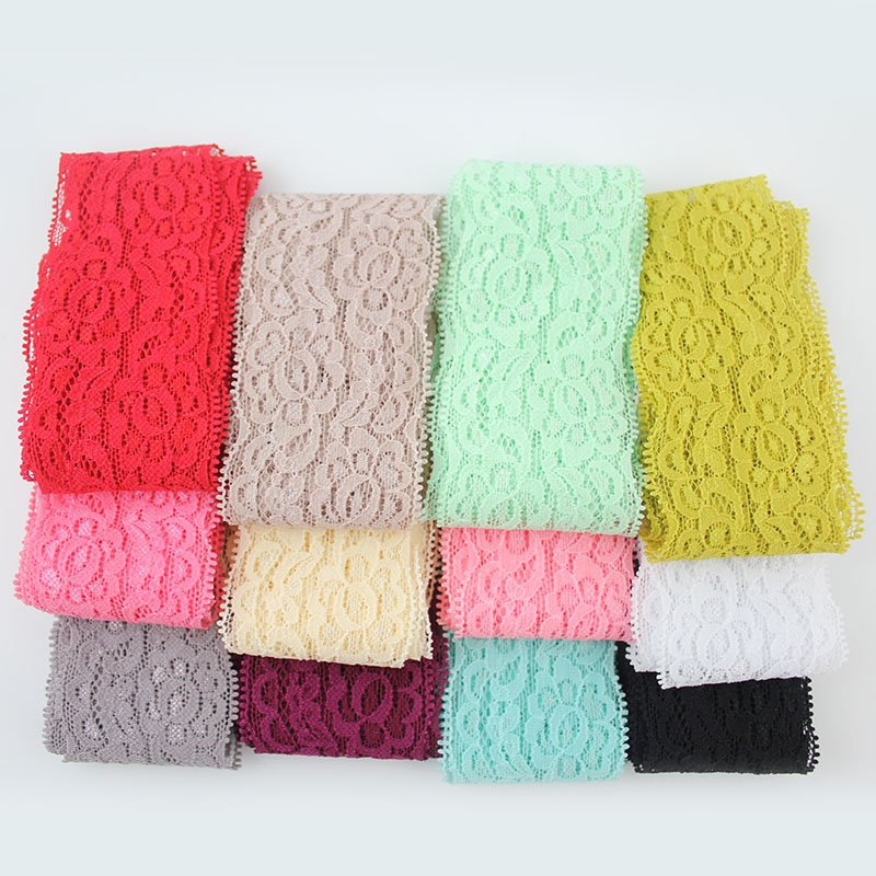 Factory Stock 5cm Pink Colorful Stretch Lace Trim Elastic Embroidery Lace Ribbon Trim For Garment Hair Accessories