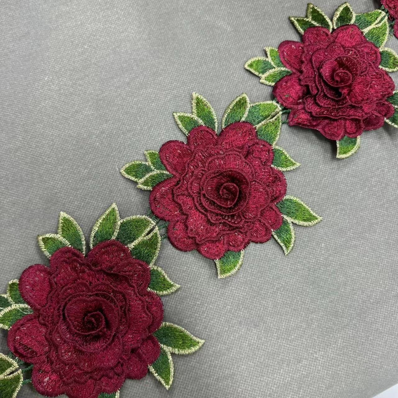 ZSY 3D Rose Flower Lace Applique Trimming Sewing Bridal Wedding Trims Motif Embroidery Lace Border Trimming