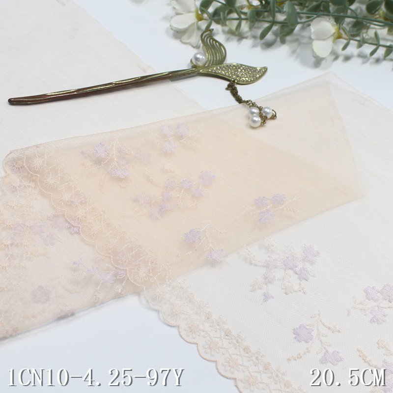 2024 New light pink Mesh small Flowers 21cm wide Embroidered Lace Trim Fabric for Women Dress Underwear