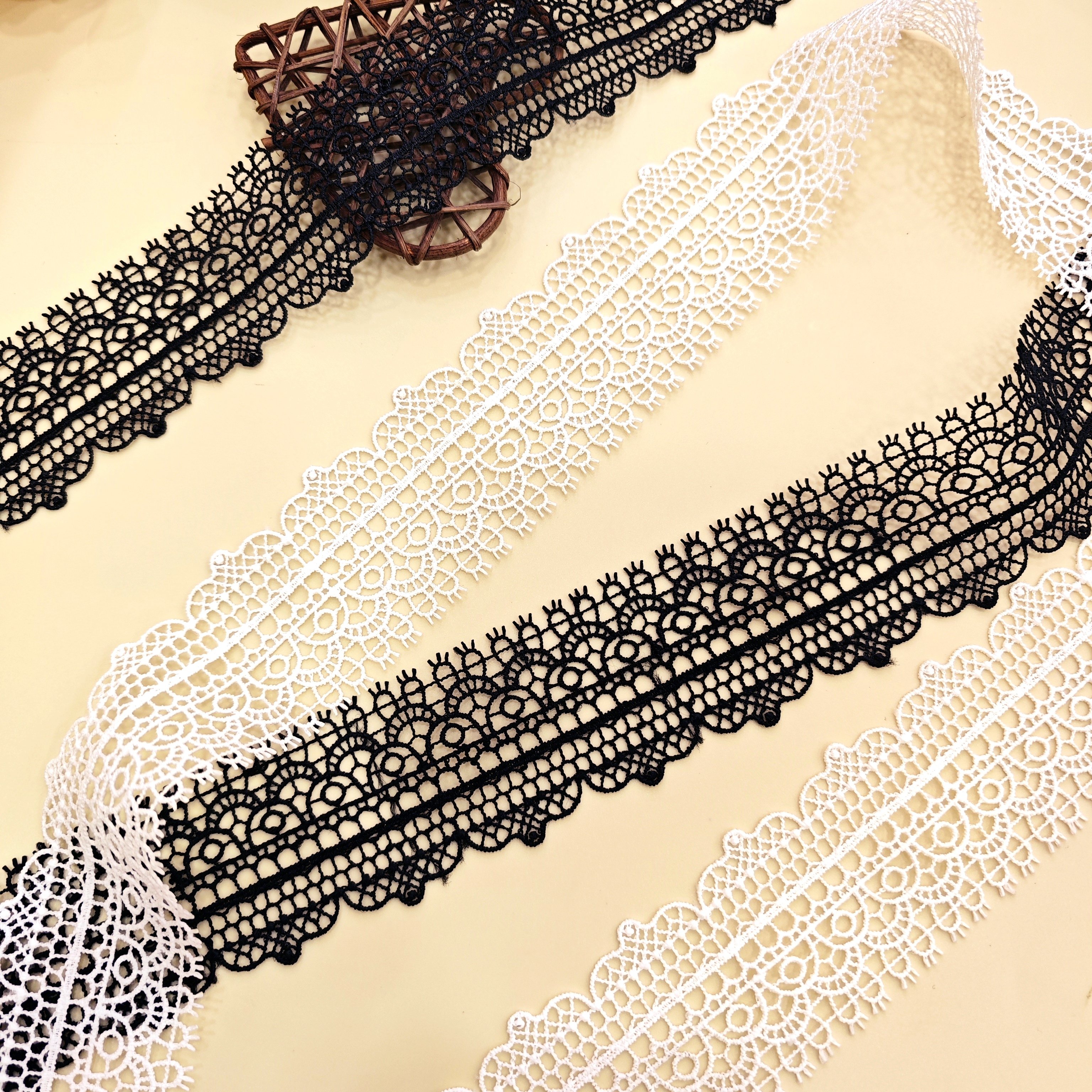 Free sample Geometric Embroidery Milk Silk bridal Lace Trim White Black Border guipure lace gown