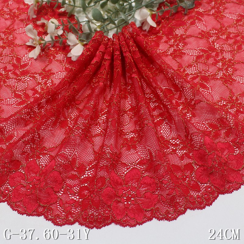 Hot sale 24cm Elastic lace trim for underwear black Knitted Lingerie Spandex Stretch floral lace with metal wire For Dress