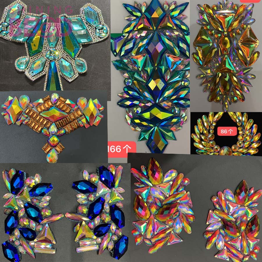 Customized Iron on AB Rhinestone Patch Cloth Decoration Hot Fix Resin Crystal Motif Applique for Carnival Costume Trim