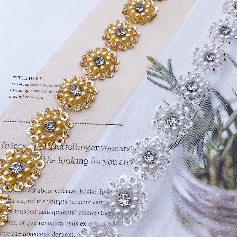High Quality sunflower Crystal Sequins Ribbon Mesh Trim Handmade Beaded Rhinestone Lace Trim DIY Collar Belt Garment Accessories