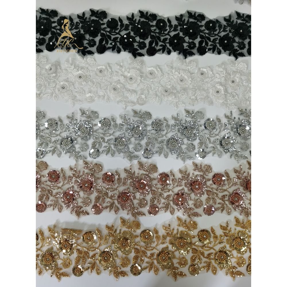 Custom Leave Pattern Sequin Lace Trim Wholesale Rhinestone Lace Trim Beaded Trimmings for Dresses