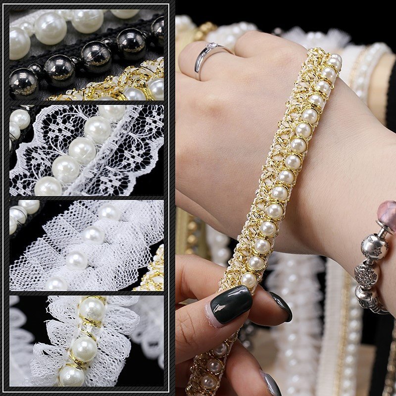 Handmade White and Black Pearl Border Beaded Pearl Beaded Lace Trim Trimming Lace For Clothing Garment