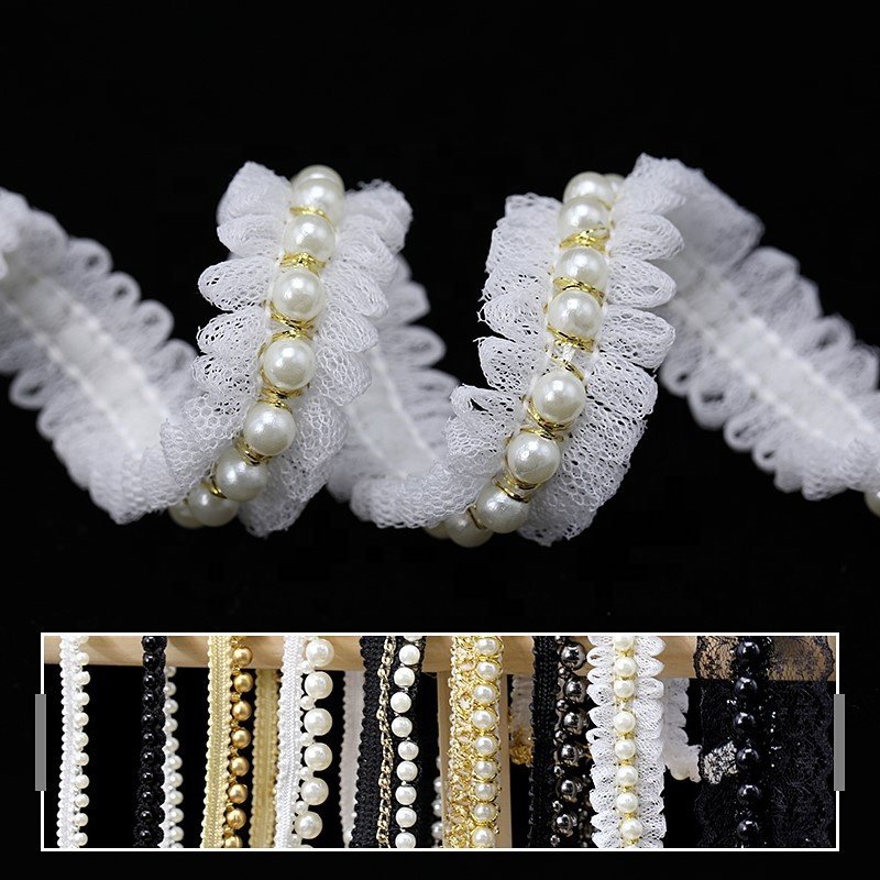 Handmade White and Black Pearl Border Beaded Pearl Beaded Lace Trim Trimming Lace For Clothing Garment