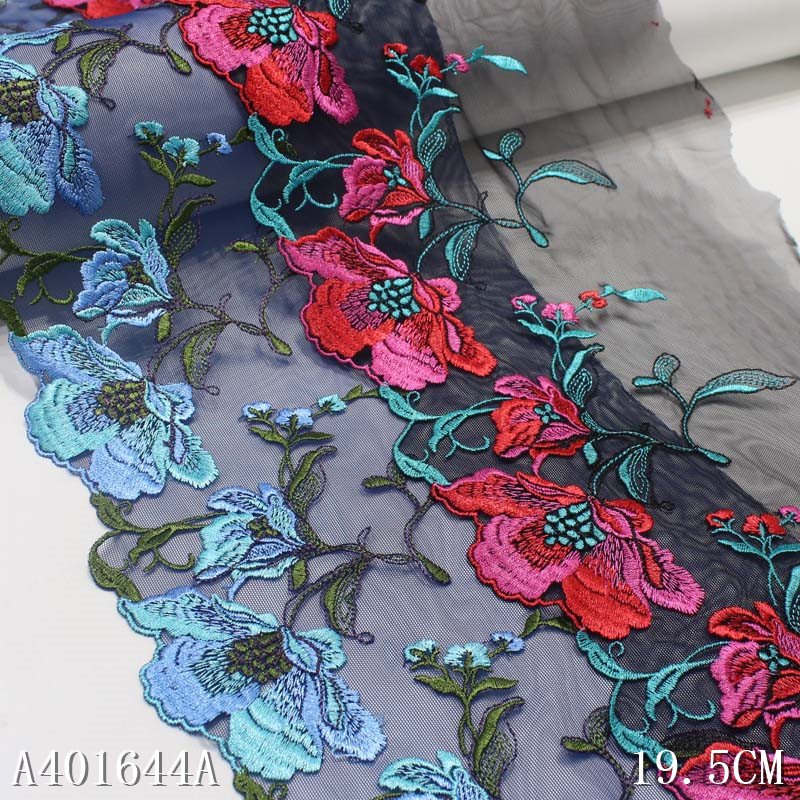 Hot Sale OEM Black Embroidery Elastic Lace 19CM Colorful Flower Tulle Border Lace Fabric For Women Sexy Lingerie Accessories