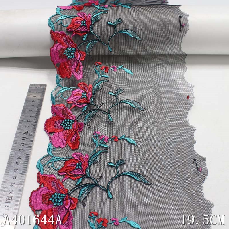 Hot Sale OEM Black Embroidery Elastic Lace 19CM Colorful Flower Tulle Border Lace Fabric For Women Sexy Lingerie Accessories