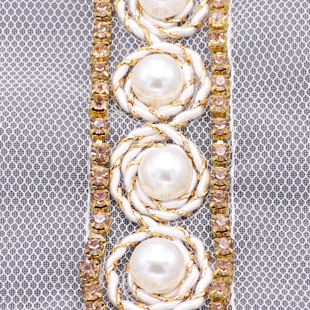 Factory Wholesale New Style Mesh Lace Trim Applique Chain Gold Rhinestones Trim Lace With Pearls