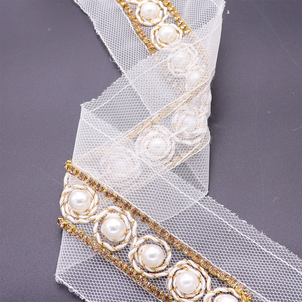 Factory Wholesale New Style Mesh Lace Trim Applique Chain Gold Rhinestones Trim Lace With Pearls