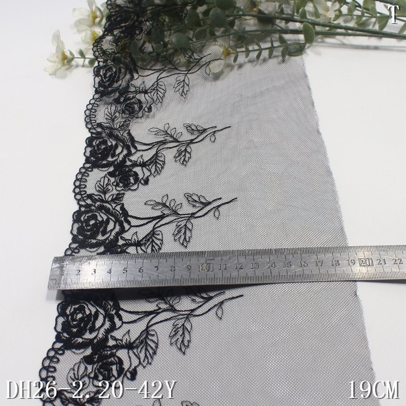 Reasonable price 19cm Black Embroidery Tulle floral border lace designs fabric Flower embroidered Lace lingerie Trim For Dress