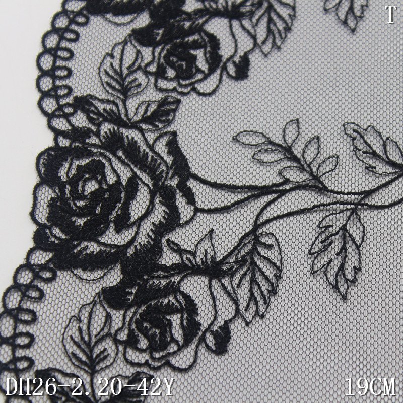 Reasonable price 19cm Black Embroidery Tulle floral border lace designs fabric Flower embroidered Lace lingerie Trim For Dress