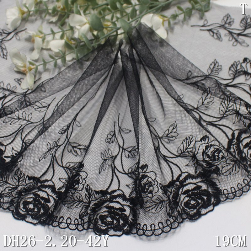 Reasonable price 19cm Black Embroidery Tulle floral border lace designs fabric Flower embroidered Lace lingerie Trim For Dress