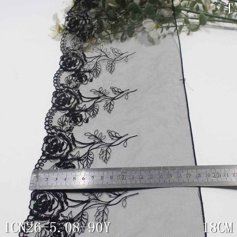 Reasonable price 19cm Black Embroidery Tulle floral border lace designs fabric Flower embroidered Lace lingerie Trim For Dress