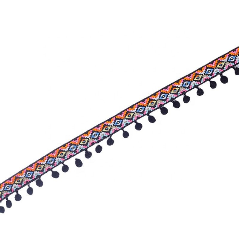 Ethnic style color fringe tassel pom pom lace trim border tape by the yard for cushion pillow sofa wedding dress lingerie