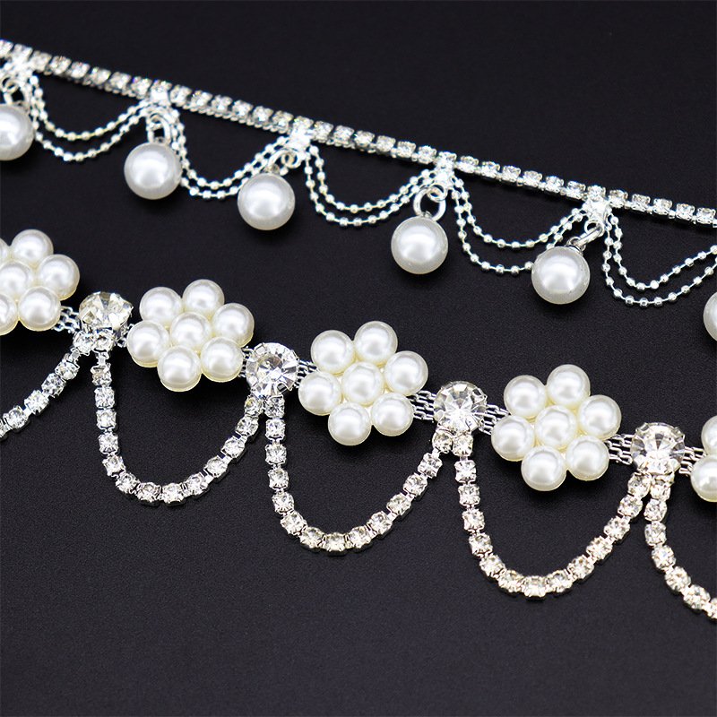 Fashion White Pearl Rhinestone Trim Chain Sewing Crystal Strass Bridal Fabric Banding Pearl Tape Appliques For Clothes
