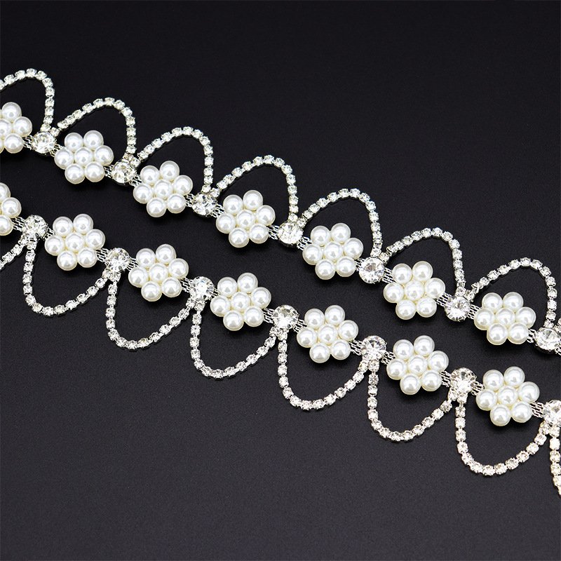 Fashion White Pearl Rhinestone Trim Chain Sewing Crystal Strass Bridal Fabric Banding Pearl Tape Appliques For Clothes