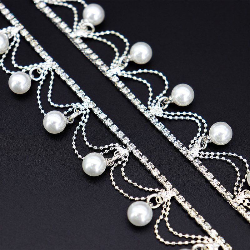 Fashion White Pearl Rhinestone Trim Chain Sewing Crystal Strass Bridal Fabric Banding Pearl Tape Appliques For Clothes