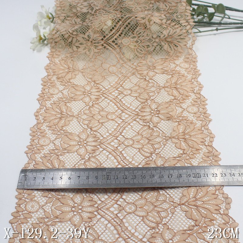 Wholesale Factory Hollowed Stretch Lace with Gold thread metallic Soft Elastic spandex Nylon Tricot Lace Trim