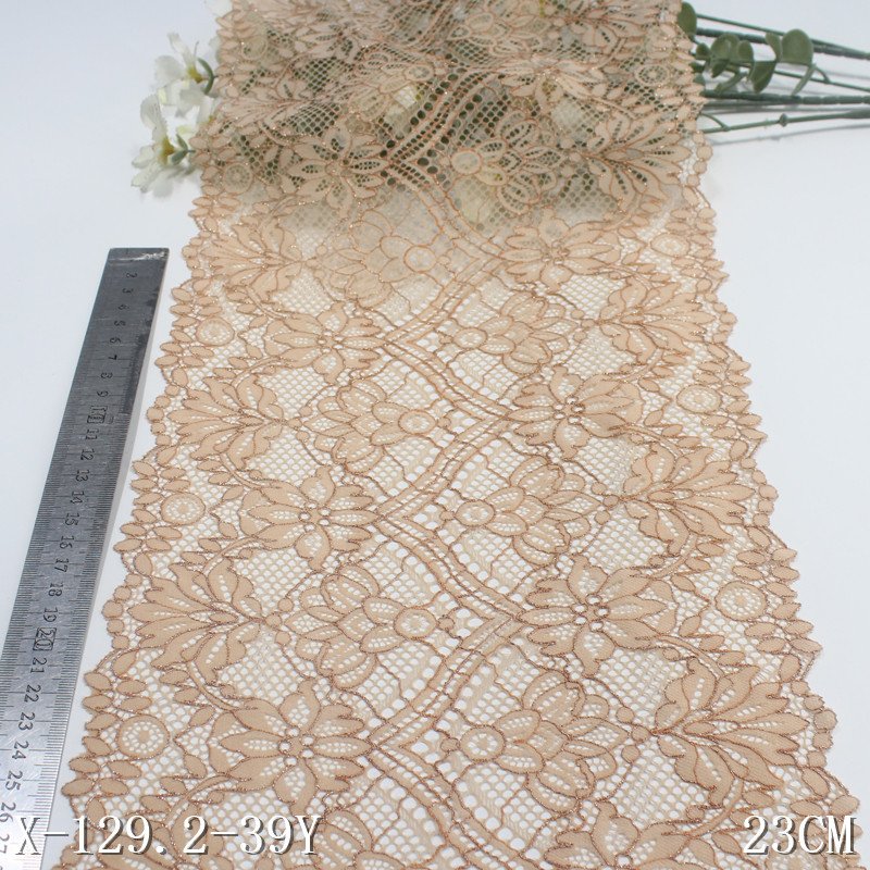 Wholesale Factory Hollowed Stretch Lace with Gold thread metallic Soft Elastic spandex Nylon Tricot Lace Trim