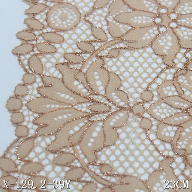 Wholesale Factory Hollowed Stretch Lace with Gold thread metallic Soft Elastic spandex Nylon Tricot Lace Trim