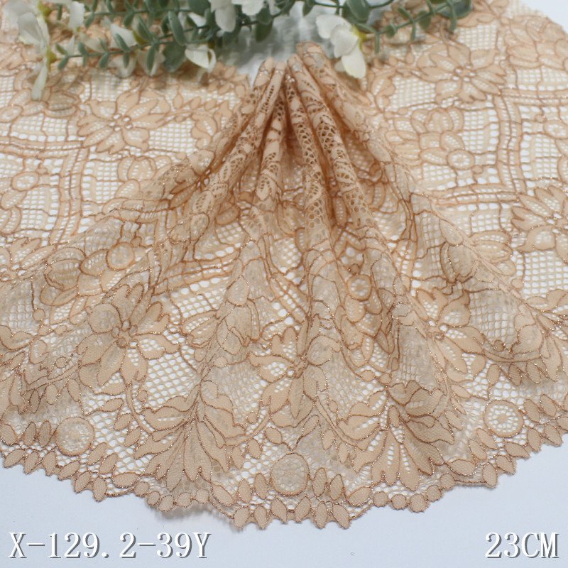 Wholesale Factory Hollowed Stretch Lace with Gold thread metallic Soft Elastic spandex Nylon Tricot Lace Trim