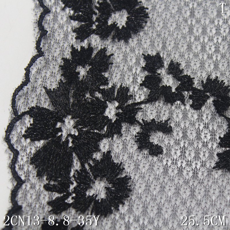 Wholesale Custom Black Polyester Nylon China Supplier 25cm Mesh Embroidery Lace trim For Bra