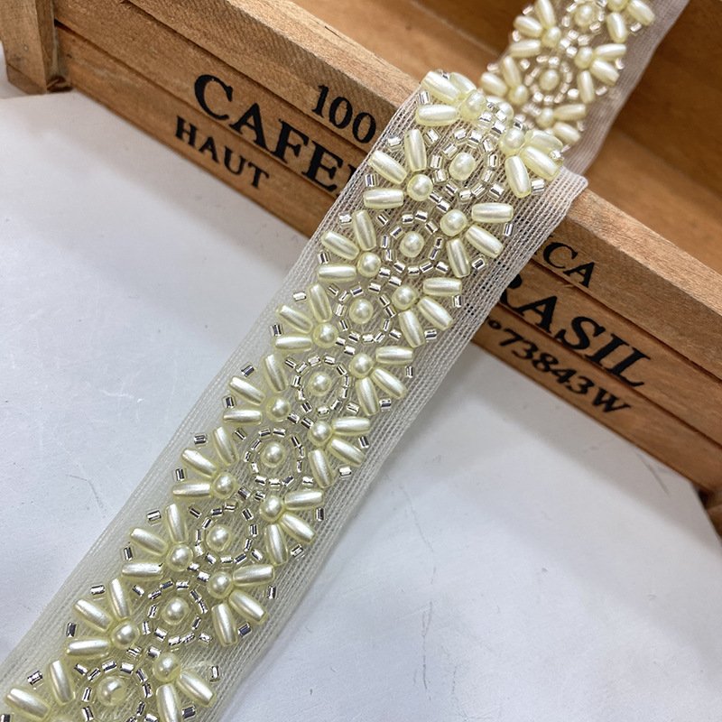 Hot color inlaid color diamond edging Guatemala rhinestone pearl lace wedding accessories bead lace trim