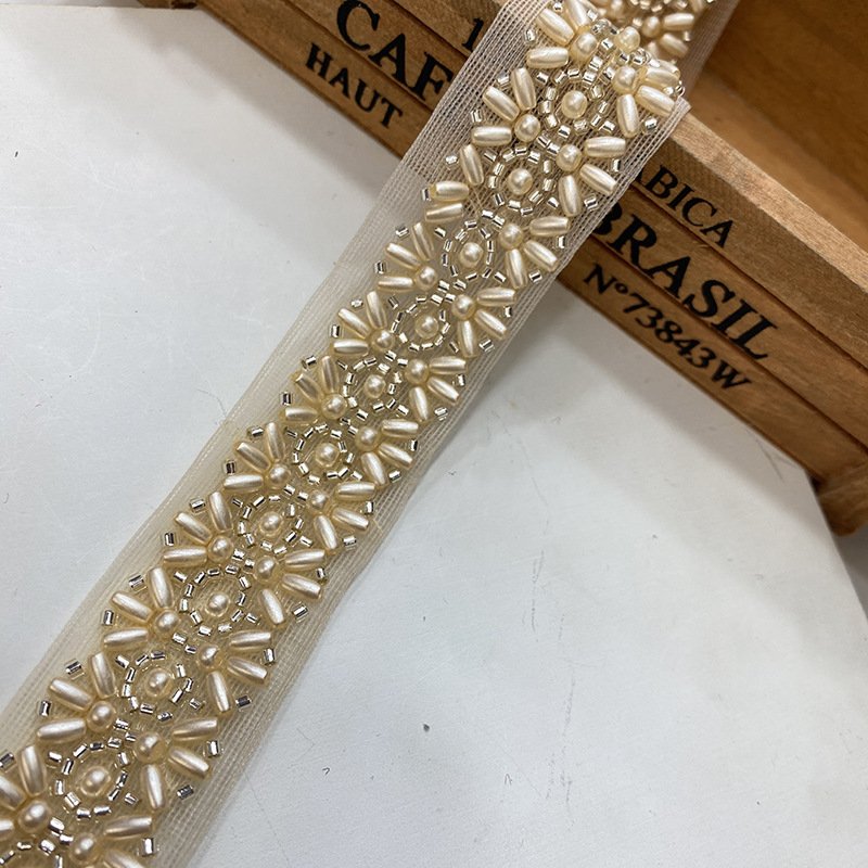 Hot color inlaid color diamond edging Guatemala rhinestone pearl lace wedding accessories bead lace trim