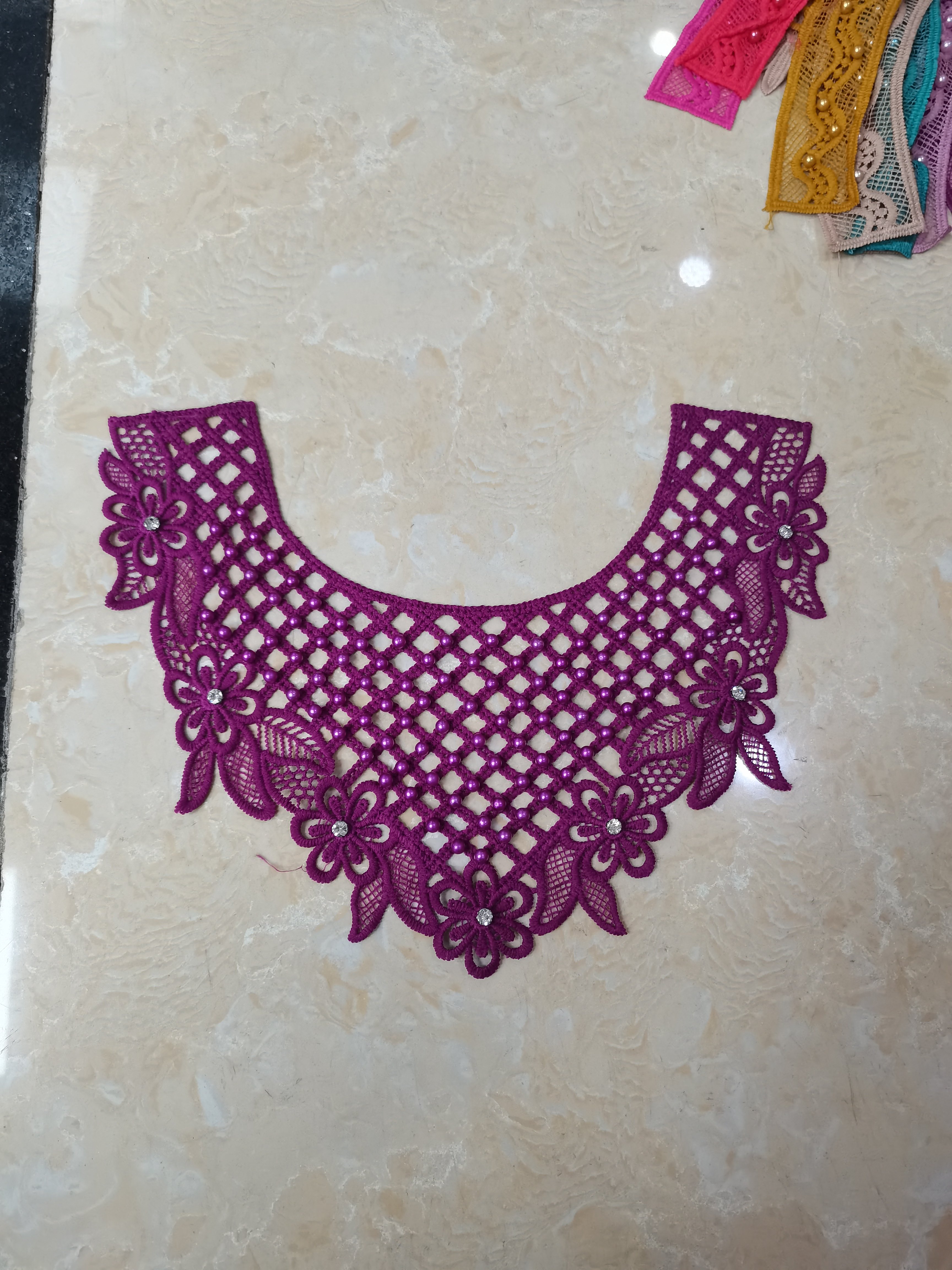 Cuello de encaje Luxury pearl rhinestone design neck lace collar embroidery milk yarn cotton collar pearl beaded lace trim 3d