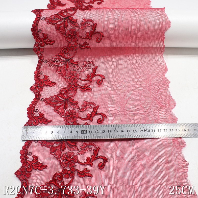 25cm Floral Embroidery Lace Trimming Red Mesh Lace Polyester Dress Lace Fabric