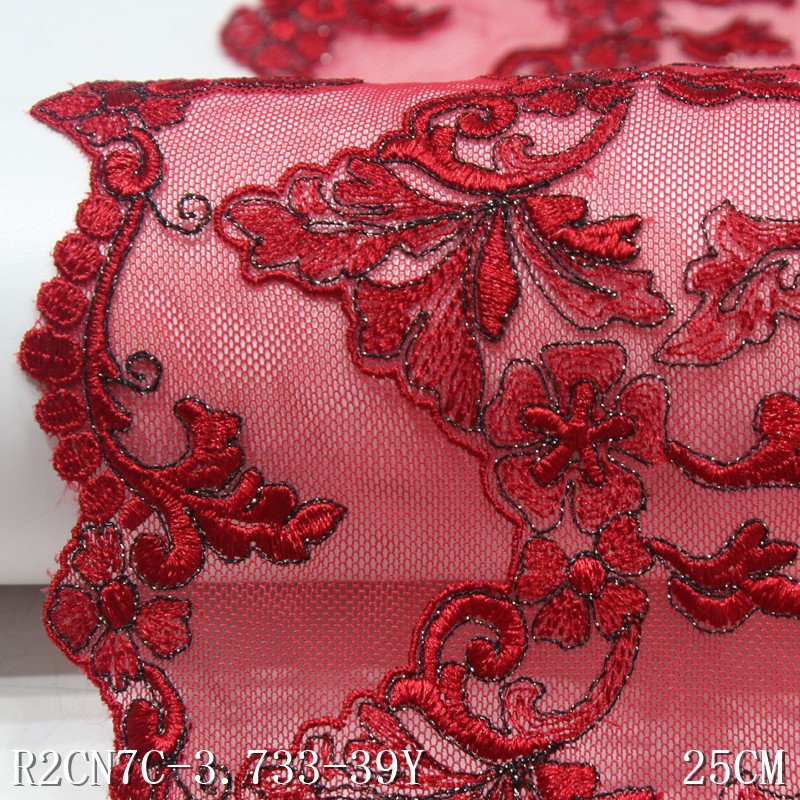 25cm Floral Embroidery Lace Trimming Red Mesh Lace Polyester Dress Lace Fabric
