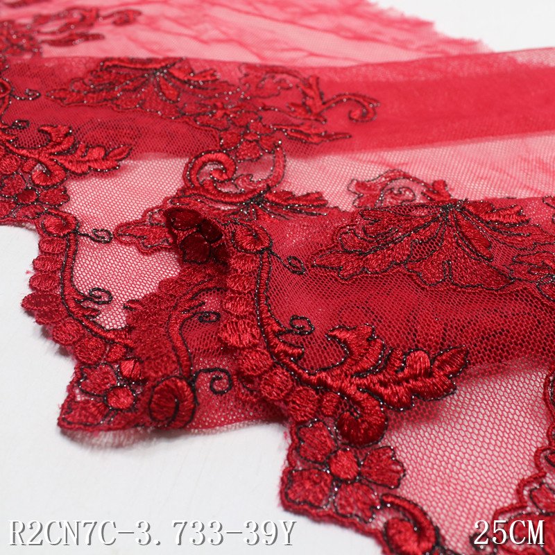 25cm Floral Embroidery Lace Trimming Red Mesh Lace Polyester Dress Lace Fabric