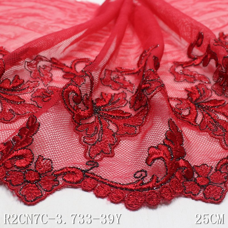 25cm Floral Embroidery Lace Trimming Red Mesh Lace Polyester Dress Lace Fabric