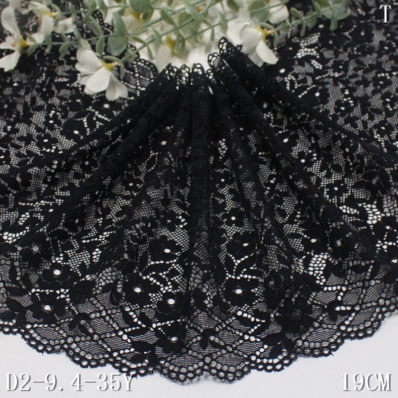 Stock Elastic Lace Trim Hot Selling 19cm Lace Trim Nylon Spandex Black Mesh Fabric Knitted dress lace for bra